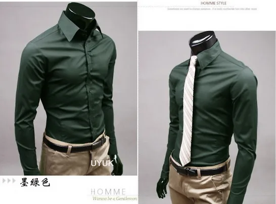 Новая мужская рубашка с отложным воротником уникальная горловина модная однотонная приталенная рубашка с длинными рукавами Мужская рубашка camisa masculina - Цвет: Dark green