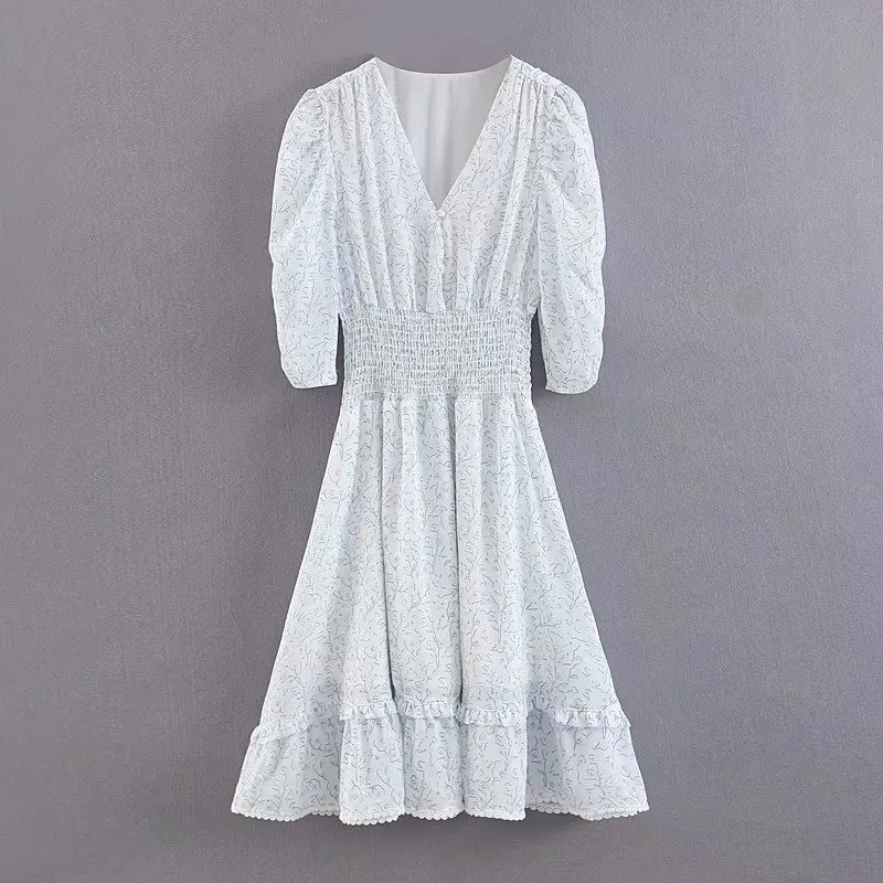 Фото Boho летние платья с принтом Глубокий v образный вырез вышивка тонкая талия пышные Boho летние платья с принтом Глубокий v образный вырез вышивка тонкая талия пышные