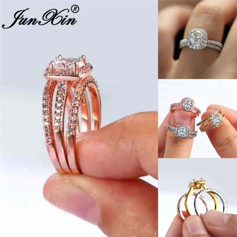 JUNXIN 80% OFF! Bridal Set Female White Crystal Engagement Ring Sets For Women 925 Silver Rose Gold Filled Square Zircon Jewelry