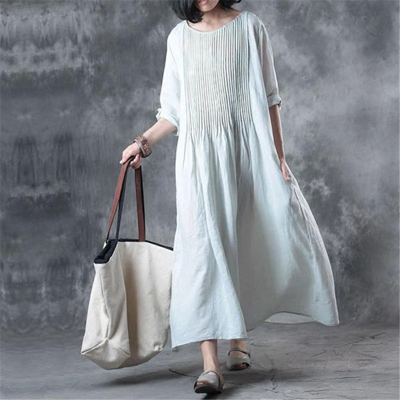 Casual Solid Dress Loose Draped Long Dress Spring Autumn Linen Dresses Women Elbow Sleeves Light