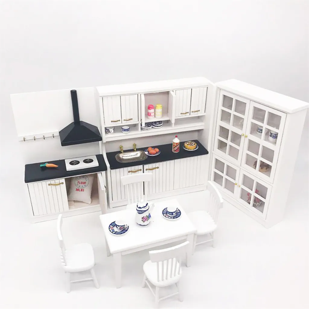 TOP Miniature Kitchen 1:12 Mini Dollhouse Mini Kitchen Dining Table and Chair Cabine FOR CHILDREN TOY a613