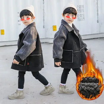 

Boys 4-12 Y Long Sleeve Turn-down Collar Fashion Mid-Long Cardigan Coats Faux Fur Patchwork Winter Windbreaker Outdoor Jackets