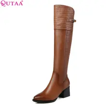 QUTAA/ г. Женская обувь сапоги выше колена из натуральной и искусственной кожи Зимняя обувь женские ботинки на молнии на платформе размеры 34-39
