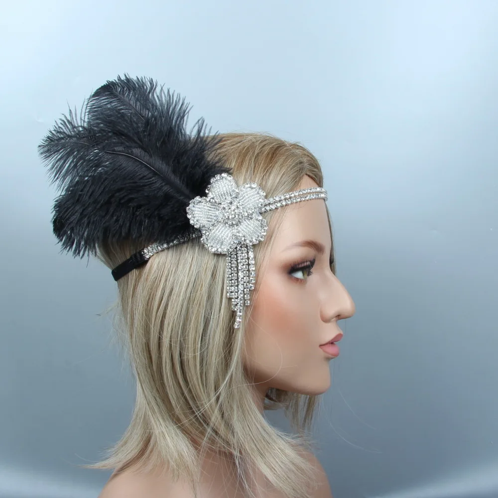 Hot Selling Crystal Rhinestone Black Feather Headband Flapper Fancy