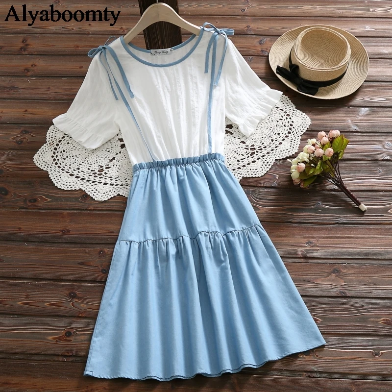Japanese Preppy Style Summer Women Kawaii Dress Contrast Color Patchwork Ruffles Elegant Short Sleeve Mori Girl Cute | Женская одежда