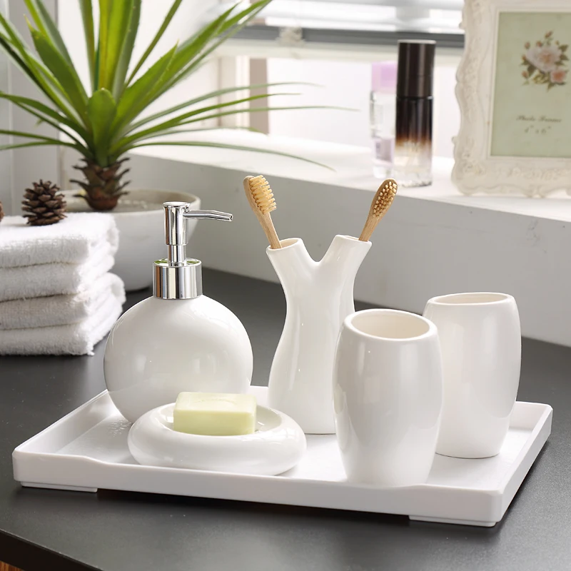 Керамическая ванная комната 5 шт. набор для умывания с лотком бутылка для лосьона чашка для рта зубная щетка чашка украшение для ванной комнаты