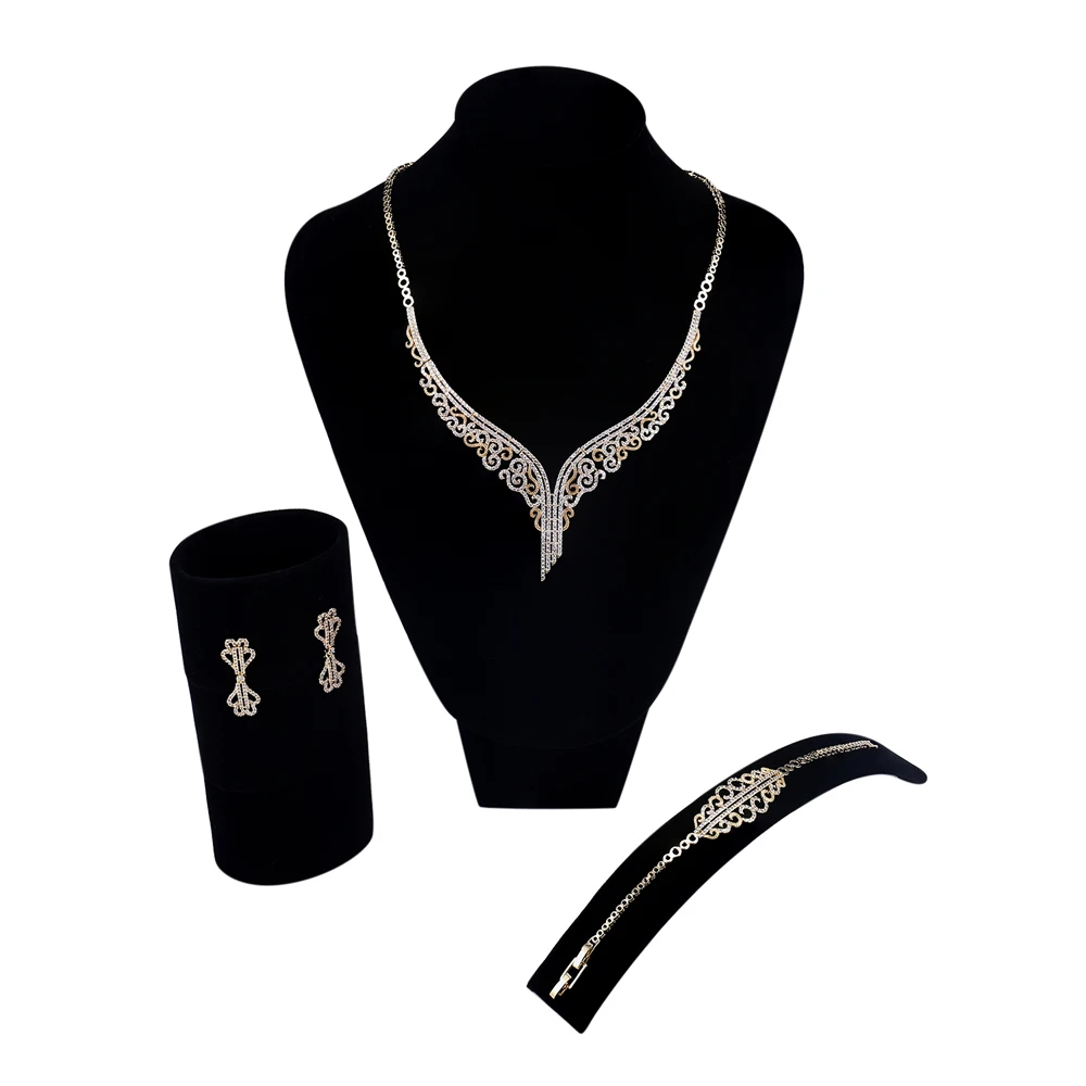 

Hollow Design Jewelry Set of 4 Pieces Women Gold Color with Cubic Zircon Wedding Flower Necklace Earring Bracelet Ring Sets