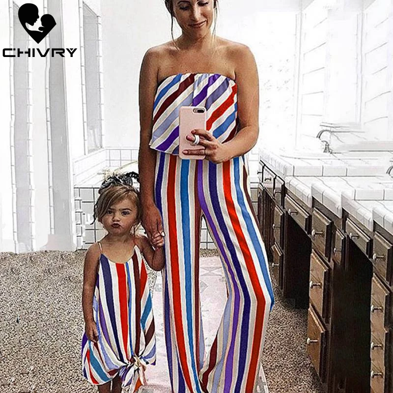 

Chivry Family Matching Outfits Summer Striped Mother and Daughter Clothes Mom Off-shoulder Ruffles Jumpsuit Kids Girls Dresses