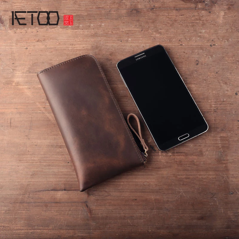 AETOO Handmade leather wallet genuine retro simple long seven characters zipper purse wave wallet font b