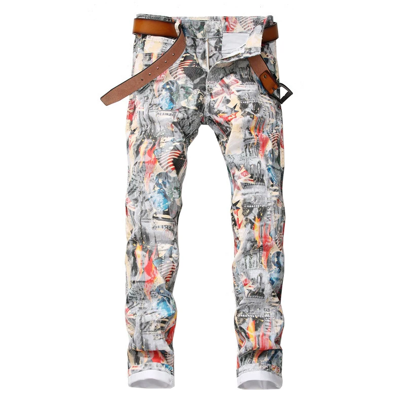Sokotoo Men's English flag beauty girl 3D printed jeans Slim fit colored drawing painted stretch pants Sokotoo Men's English flag beauty girl 3D printed jeans Slim fit colored drawing painted stretch pants