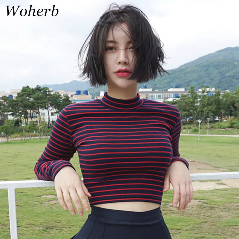 

Woherb Midriff-baring Retro Tops Short Slim Turtleneck Striped T-shirt O neck Long-Sleeve T shirt 2019 New Tshirt Tide Tee 73749