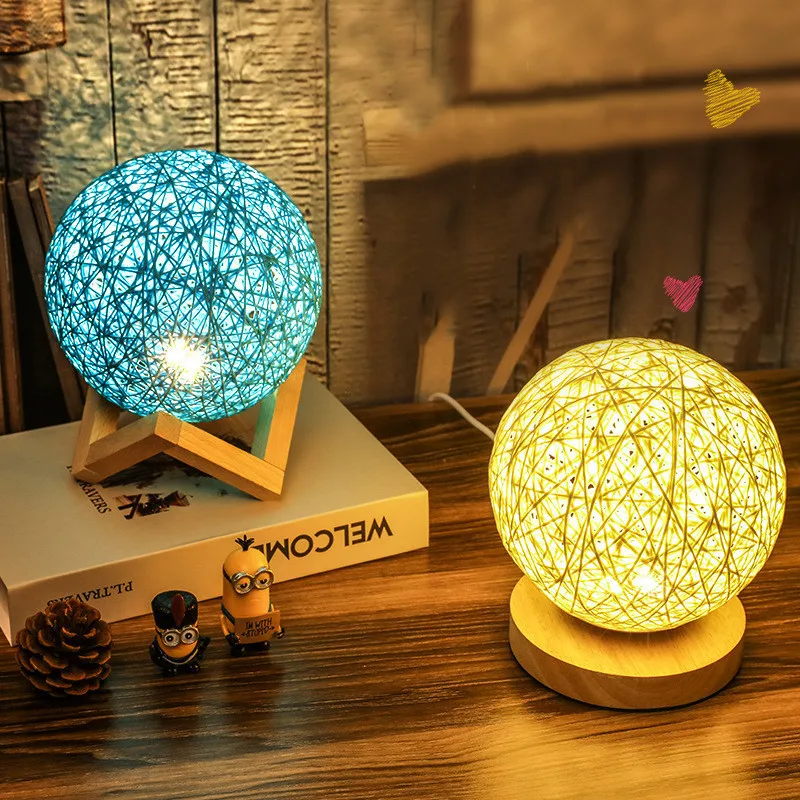 

Twine Rattan LED Desk Table Lamp Light Stepless Dimming Bedroom Decoration Wicker Night Light Indoor Lighting Birthday Kids Gift