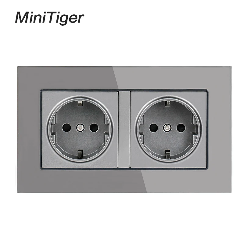 Minitiger 16А двойная настенная розетка стандарта ЕС Хрустальная стеклянная панель розетка с заземлением с детской защитной дверью серый черный - Тип: Grey