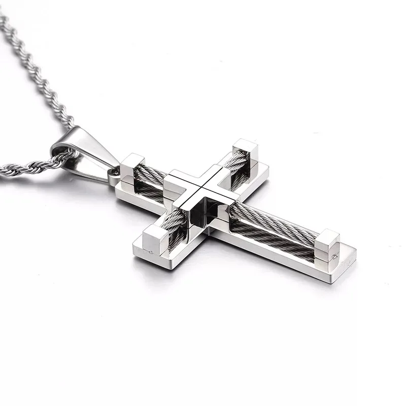 

Mesinya Men's 2 pcs 361L Stainless Steel Wire Hip Hop Popular Punk Retro Cross Pendant Necklace 30 inch Chain as Great Gift