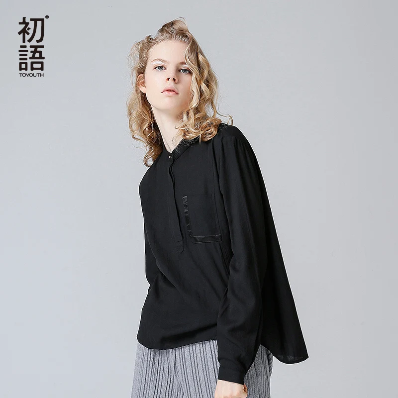 Vente Toyouth Moderne Lady Noir Blouses Mode Stand Col Solide Femmes Chemises 2018 Automne Lin Décontracté Manches Longues Droite Blouse