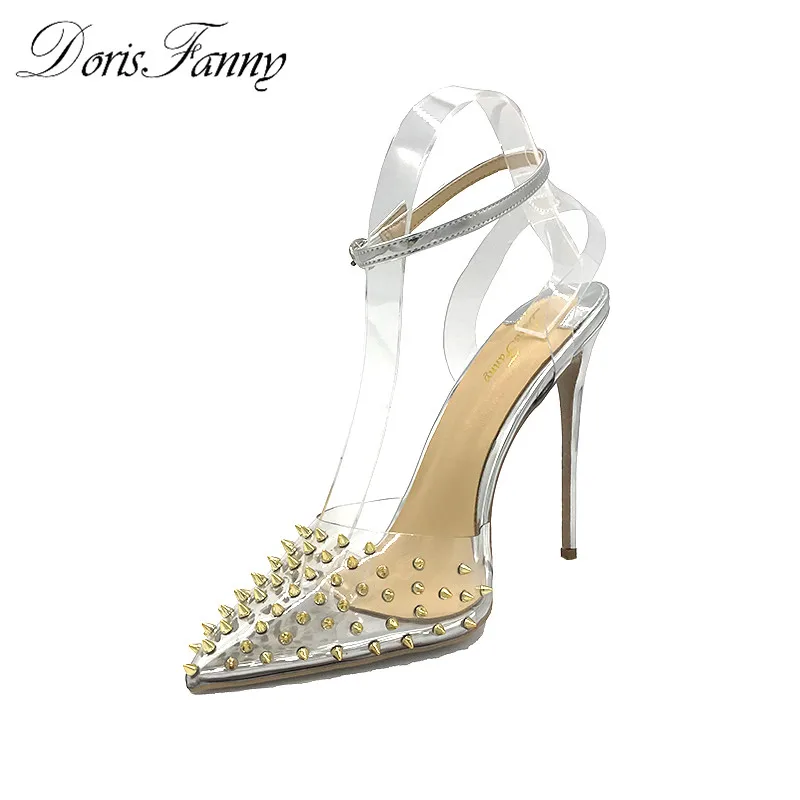 Tanie Doris Fanny Slingback kobiety buty 2018 nowa wiosna letnie klapki przezroczyste obcasy pcv nity buty ślubne przezroczyste ramiączka obcasy