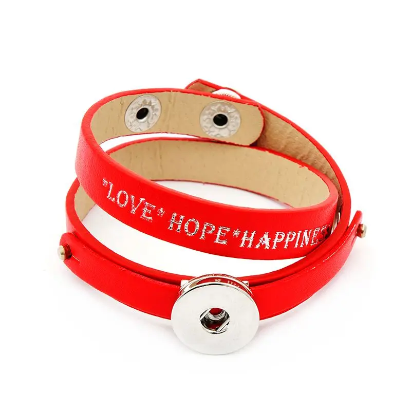 

14colors! 1pcs "Love Hope Happiness" DIY 2 layers 40CM PU leather Bracelets For Women Fit 18-20mm Snaps Button Bangles Jewelry
