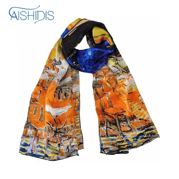

Women long Silk Scarf Big Beach Wrap Shawl Luxury Brand Handmade Hem Painting Works Van Gogh's "Cafe Terrace at Night"