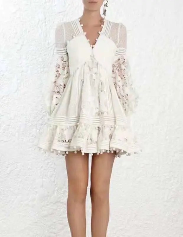 Белое Женское дизайнерское бальное платье для подиума, вечернее платье, Осеннее кружевное лоскутное Открытое платье, винтажное бальное мини-платье с вышивкой