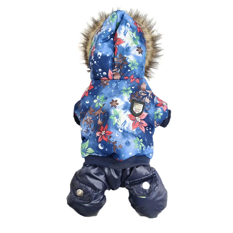 Новая модель, зимняя ветрозащитная теплая куртка для собак, пальто для щенков, модное пальто с капюшоном для собак, цветочный узор в горошек, одежда для маленьких питомцев - Цвет: blue flower