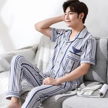 Новое поступление, летние мужские пижамы в полоску из хлопка с короткими рукавами, мягкие свободные пижамы с отложным воротником, большие размеры, Мужская одежда для сна
