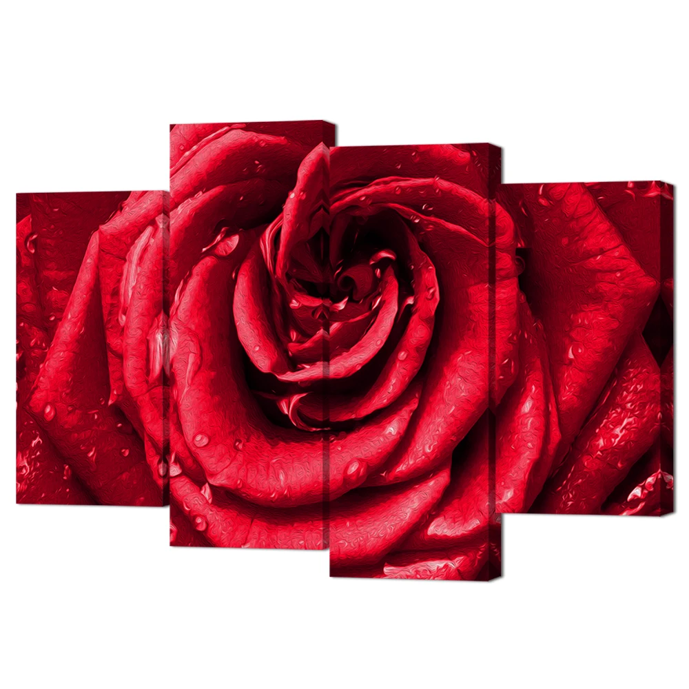 HD Canvas Prints 4 Piece Red Rose Wall Art Flower Paintings Close up of