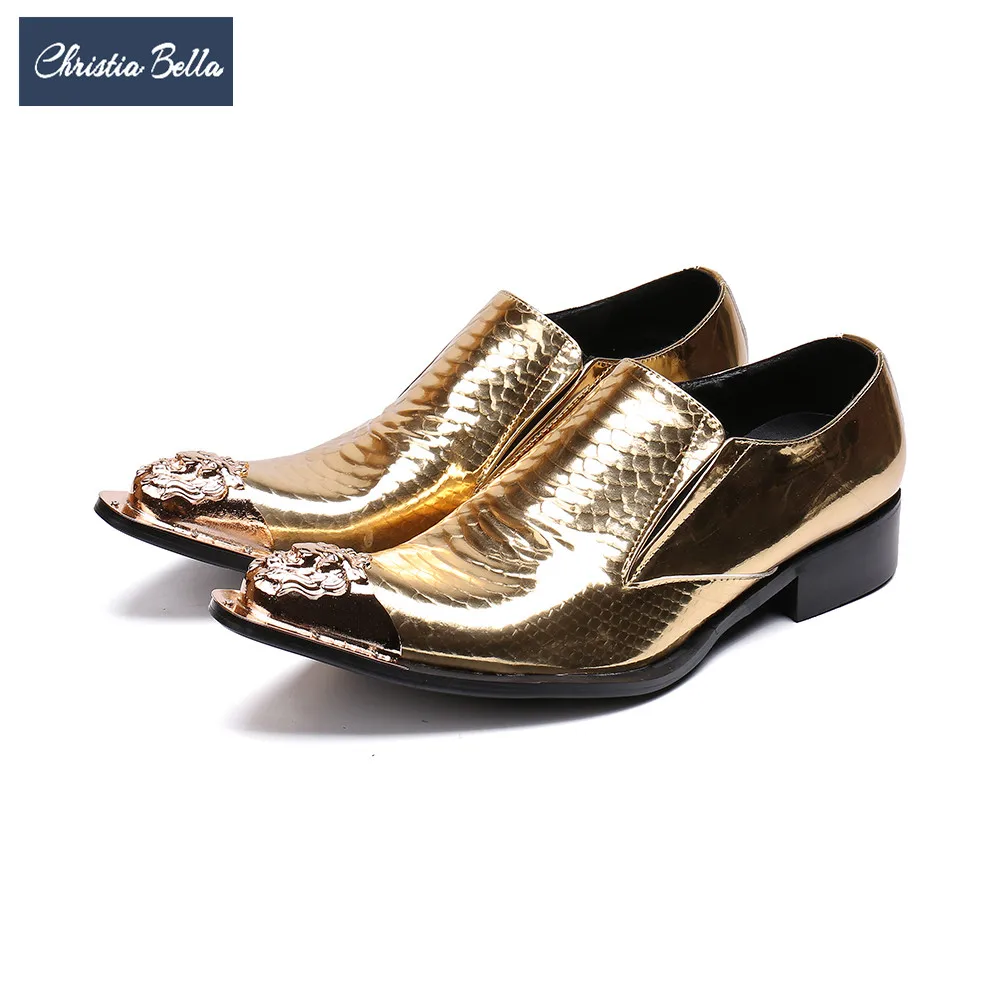 

Christia Bella Genuine Leather Men Business Shoes Metal Pointed Toe Dress Shoes Gold Wedding Party Formal Men Shoes Large Size