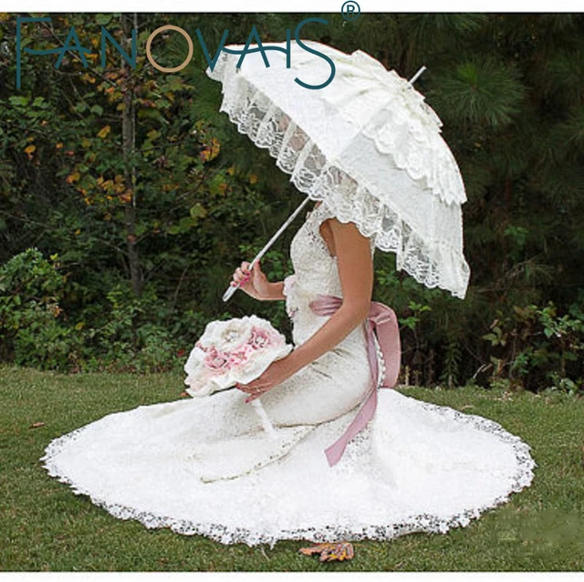 Ivory White Bridal Umbrella Lace Edge Sun Parasol Ivory White Bridal Umbrella Lace Edge Sun Parasol Wedding Handmade Manual Long Handle