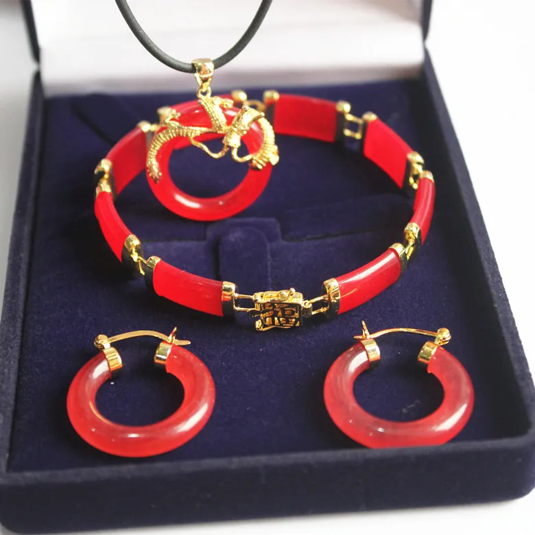 

new! woman's noblest 18kgp red jade dragon pendant & earring bracelet jewelry set