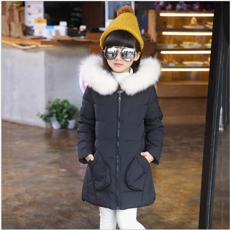

2016 new girls down jacket for girl coat large fur hooded collar long children outerwear parka coats overcoat Girls Snowsuit