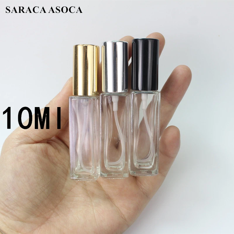 

10ml 5ml 3ml Transparent Square Glass Spray Perfume Bottle Refillable Empty Bottle Thick Bottom Silver Black Automizer