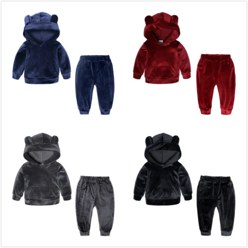

2019 Autumn Winter Fashion Girl Boy Clothes Hoodies Toddler Bear Hooded Tops Long Pants Outfits Set Children 2Pcs Kids Set