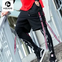 Улица Шорты сторона ленты эластичной резинкой на талии Мужская Летняя мода хип-хоп Harajuku карман шаровары Шорты уличная