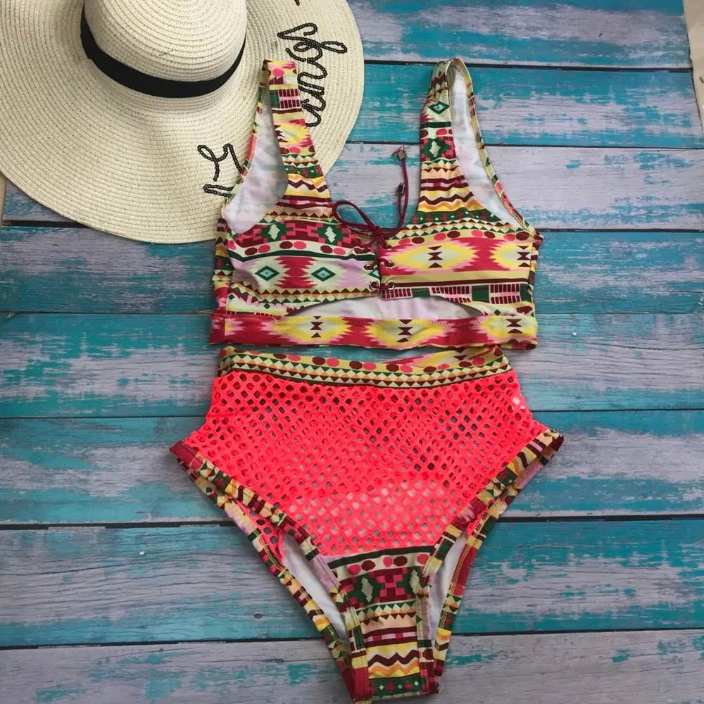 Mesh Bikini High Waist Swimsuit Sexy Bandage Print Geometric Bikinis