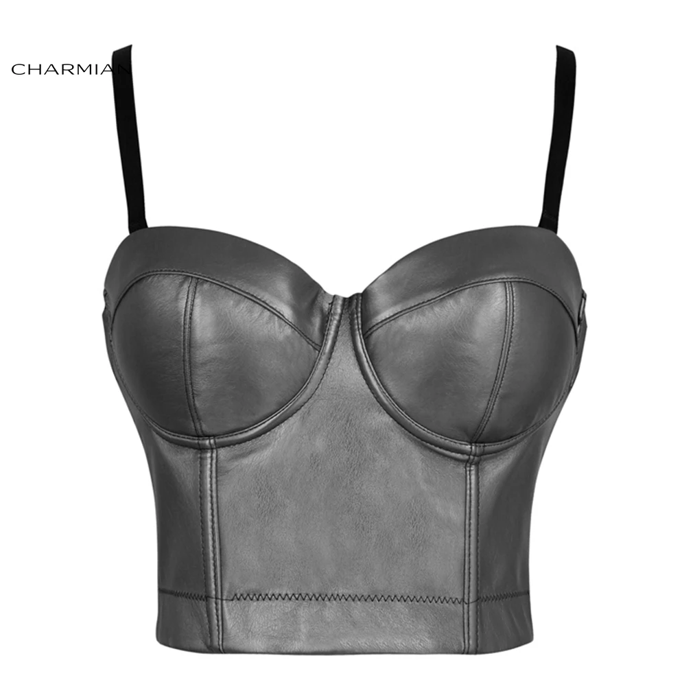 Charmian Women's Sexy Spaghetti Straps Bustier Racer Bustiers Top Leather Corsets and Bustier Gothic PU Crop Bra Top - Цвет: Silver