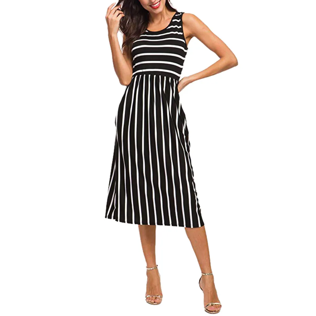 

Elegant Lady Dress High Quality Women Casual High Waist Pleated Striped Summer Sleeveless Pockets Midi Dress Drop Shipping