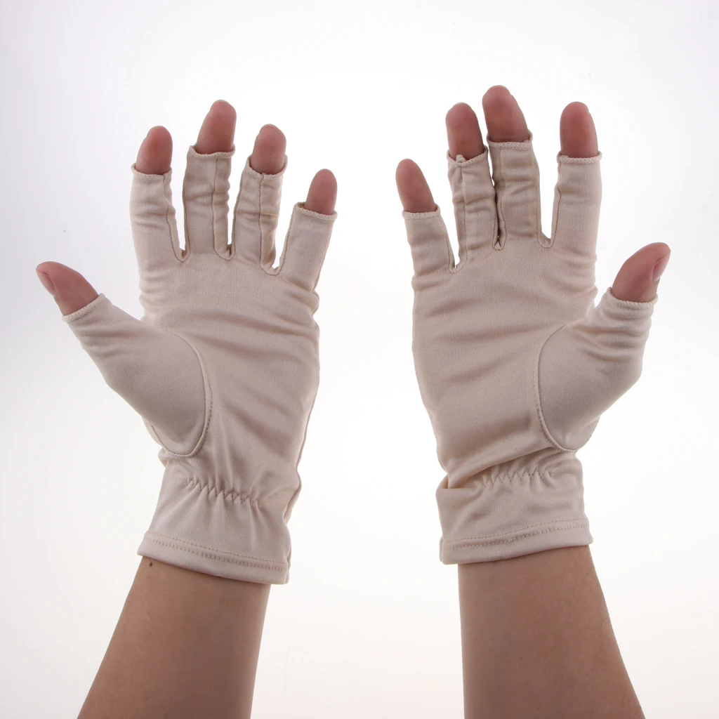 1 Pair Silk Retro Black Beige Womens Stretchy Half Finger Gloves, Soft thin lightweight UV Sun Protect Fingerless Short Gloves