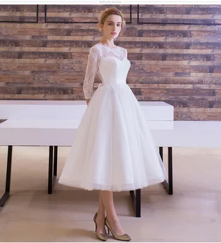 

Vestido De Festa New Wedding Dress Tea-length Three Quarter Sleeve Fashionable Illusion Lace Elegant Back Simple Bride Gown 2019