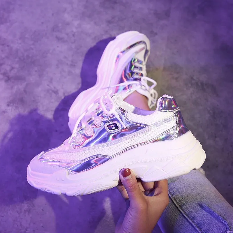 

Spring New Chunky Sneakers Harajuku Casual Dad Shoes Platform Sneakers Transparent Jelly Shoes Rainbow Sole Bling Sneakers