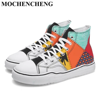 

New Men High Top Canvas Shoes Graffiti Design Casual Sneakers Stylish Adult Male Lace-up Flat Skate Footwear Student Anti-skid