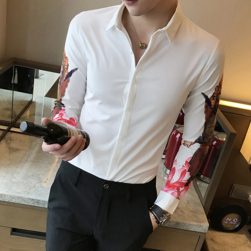 

Fashion 2019 Mens Shirt Autumn Embroidery Collar Casual Shirts Men Long Sleeve All Match Tuxedo Shirt Dress Slim Fit Camisas 3XL