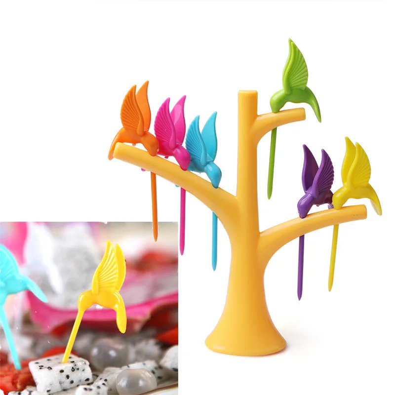 

6PCS/lot Food Fruit Snack Fork Hummingbird Pick Tree Trunk Holder For Kids Snack Cake Dessert Table Decor Lunches Toothpick