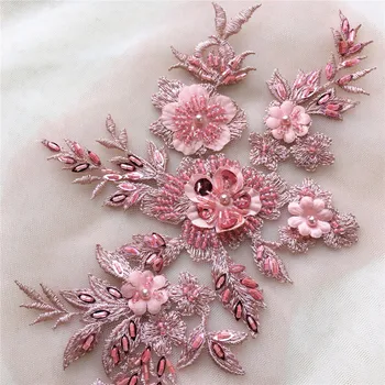 

1Pair Champagne Pink Beaded Pearls Lace Applique 2019 African French Lace Fabric Exquisite 3D Lace Applique For Wedding Dress