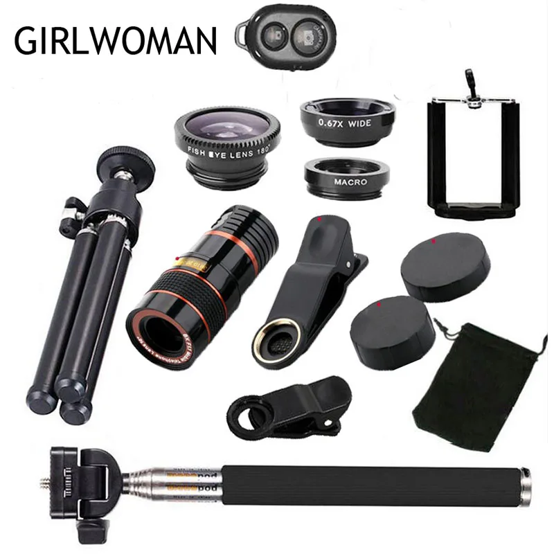 Girlwoman 10 в 1 комплекты 12x увеличение телеобъектив рыбий глаз широкоугольный Макро
