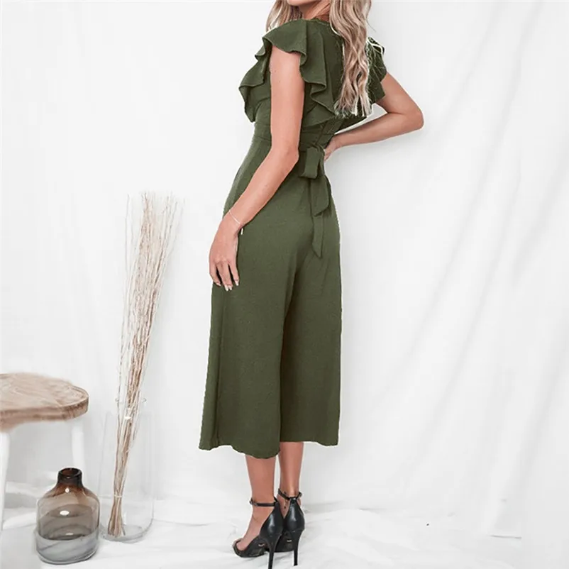 Fashion summer jumpsuit woman 2018 Sexy Deep-V Rompers Solid Short Sleeve Ruffles Long Jumpsuit pantaloni siamesi Y12#N (10)