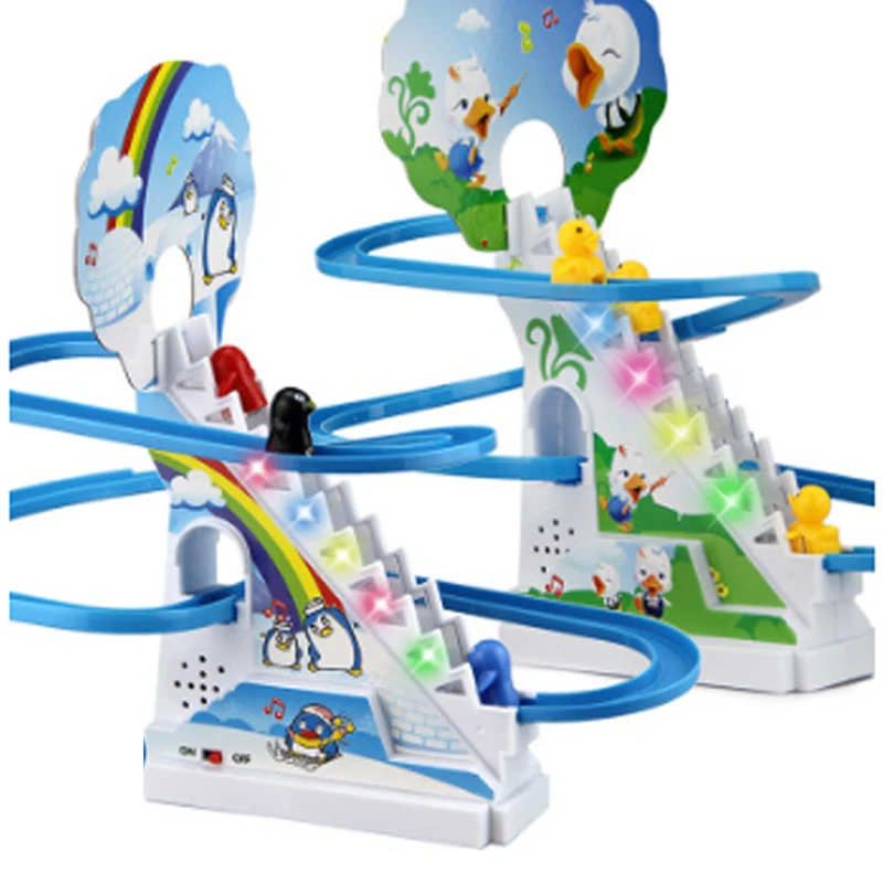 Electric Rail Cars Stair Climbing Children's Toys Puzzle Penguin Slide