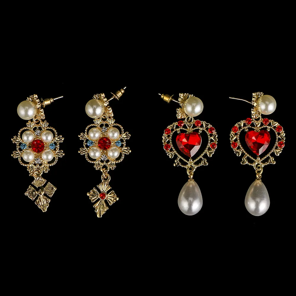 Fashion Heart Flower Imitation Pearl Earrings Luxury Shiny Rhinestone