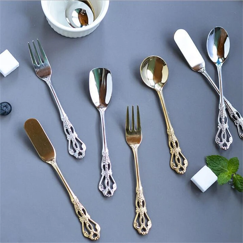 

Retro hollowed-out handle flatware 304 stainless steel coffee spoon fruit fork butter knife dessert scoops ice cream scoops