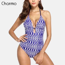 Charmo Womens 2019 new Monokini V-Neck One Piece Swimwear Floral Print Bathing Suit Deep Plunge Padded Sexy Swimsuit Monokini palm print backless plunge padded one piece bathing suit