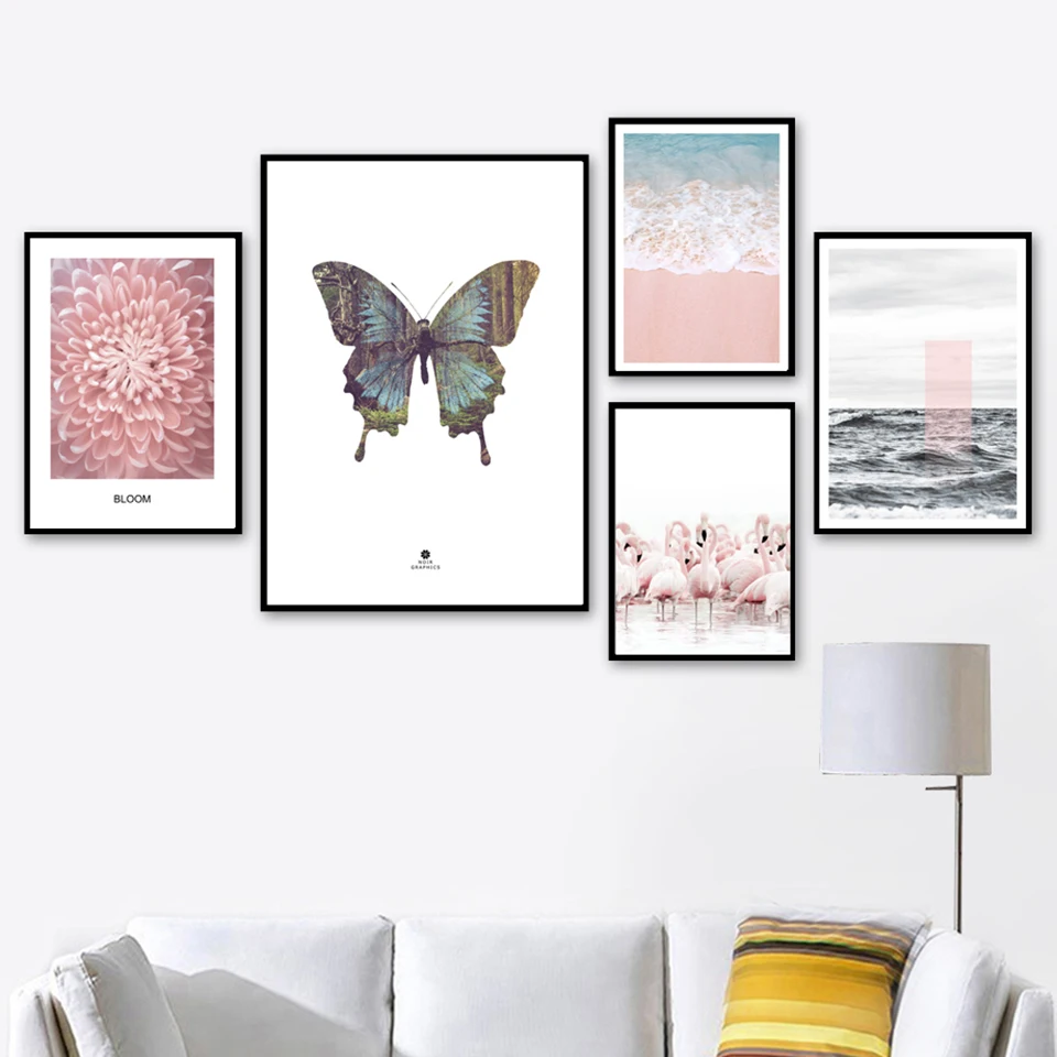 Flamingo-mariposa-flor-playa-paisaje-pared-Lona-de-arte-pintura-n-rdica-carteles-y-huellas-de (2)